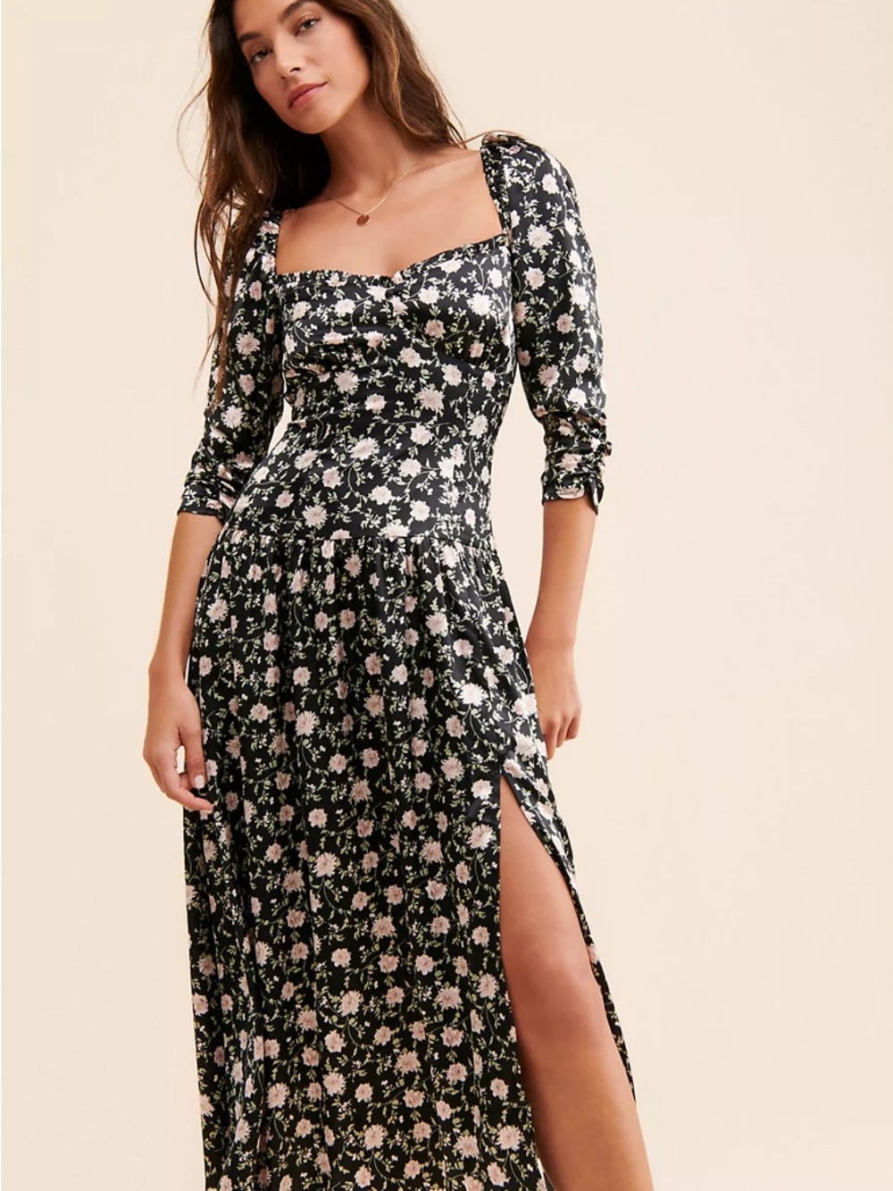 Astr Black Floral Midi Dress with Pink & White Blooms